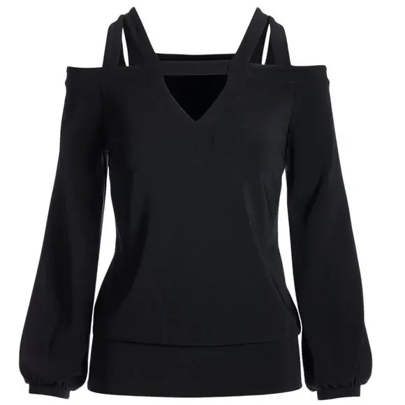 Boston Proper Cold Shoulder Double Strap Black Top Women’s Medium - Picture 3 of 6